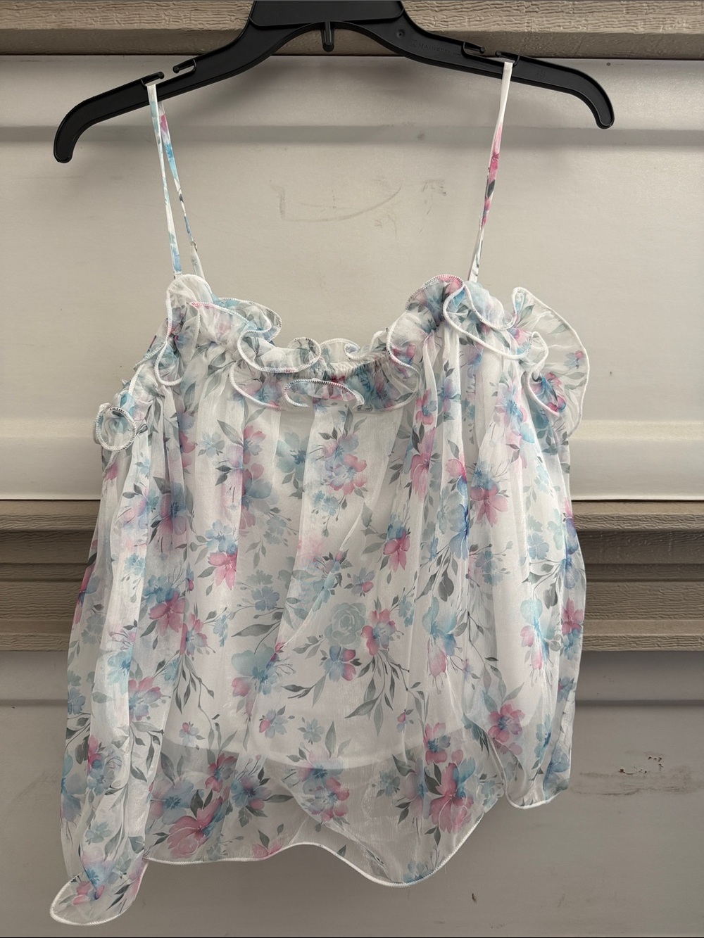 LUSH women's Floral Ruffle Camisole Top - White with Pink & Blue Flowers